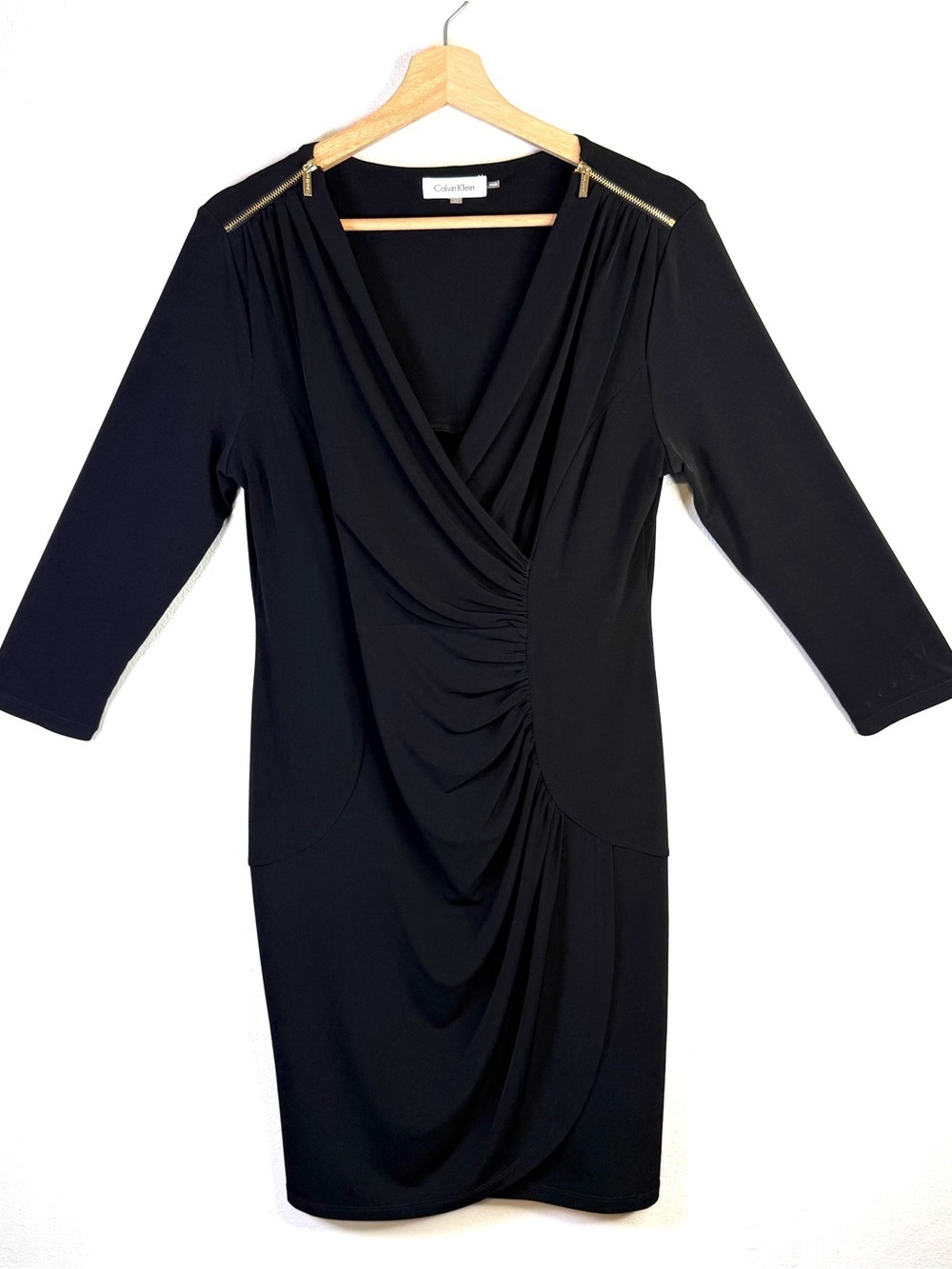 calvin klein jersey wrap dress Black Ruched Faux Midi Women’s Size Medium red lace high low party dress